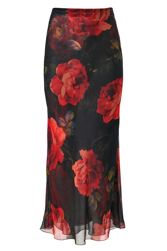 Carolina Herrera Black Multi Rose Print Midi Slip Skirt - view 6