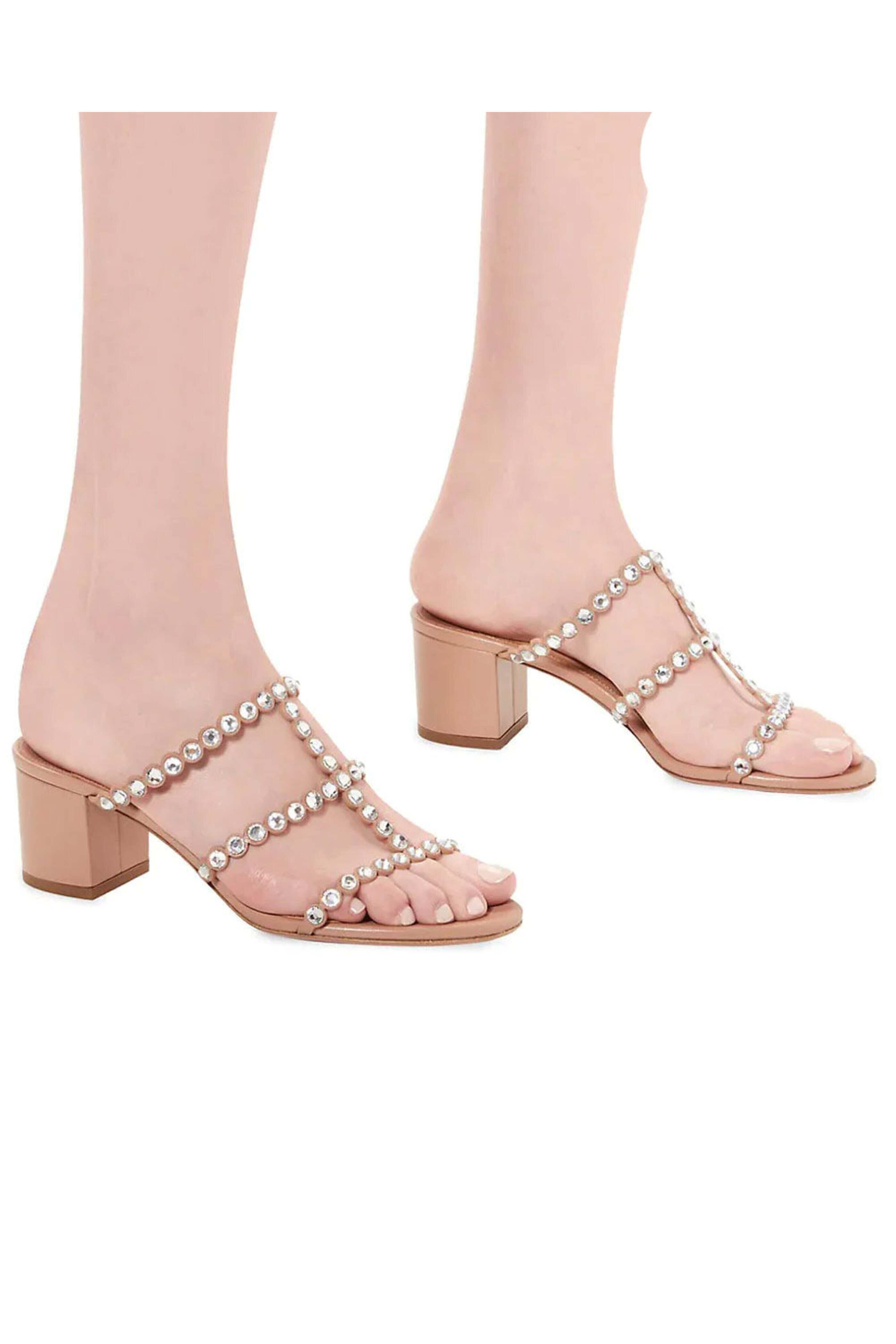 Aquazzura - Tequila Embellished Leather Mules in Powder Pink