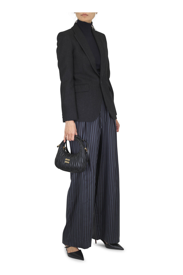 Designer outfit featuring Milena Black Leather Mule, 60mm, Blue & Brown Stripe Silk PJ Pant and 1 other piece