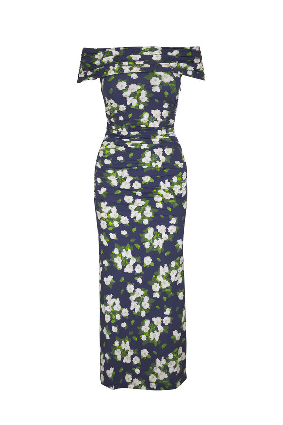 Carolina Herrera Midnight Multi Floral Print Gathered Midi Dress - view 1