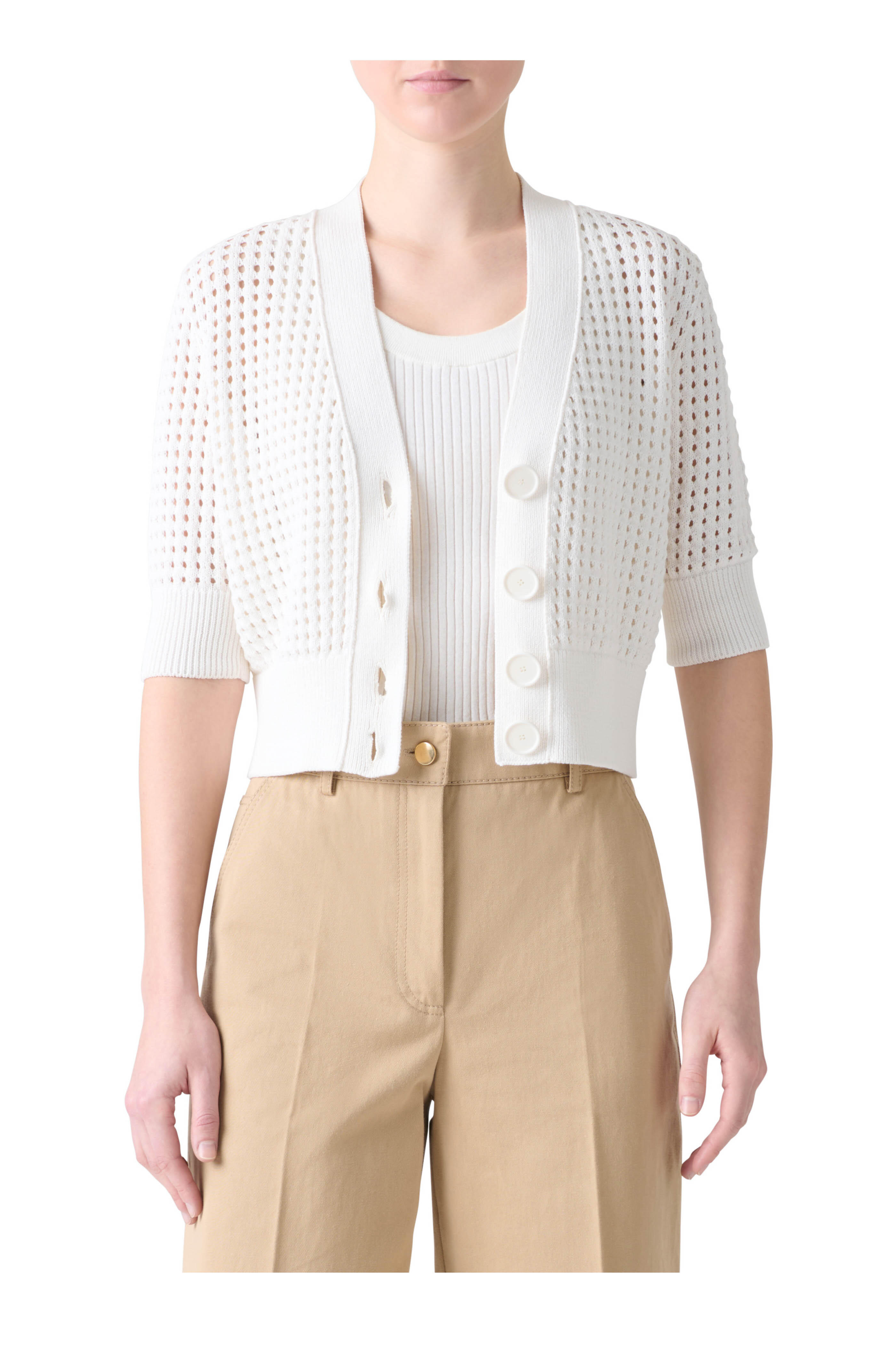 トップス Volume Sleeve Sheer Knit Cardigan Akris Punto - Cream Volume Sleeve Sheer Knit Cardigan