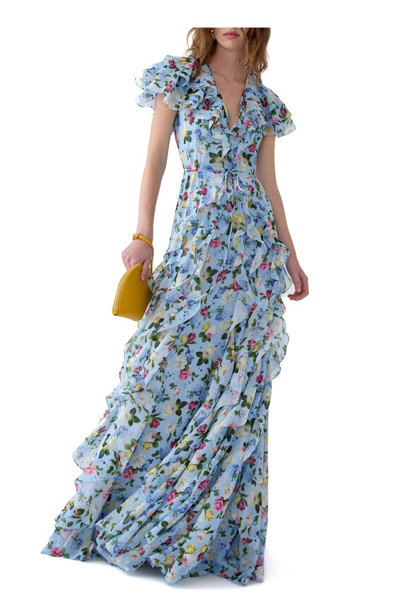 Carolina Herrera Cloud Blue Multi Floral Print Ruffled Chiffon Gown - view 4