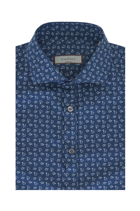 Canali Navy Leaf Print Sport Shirt