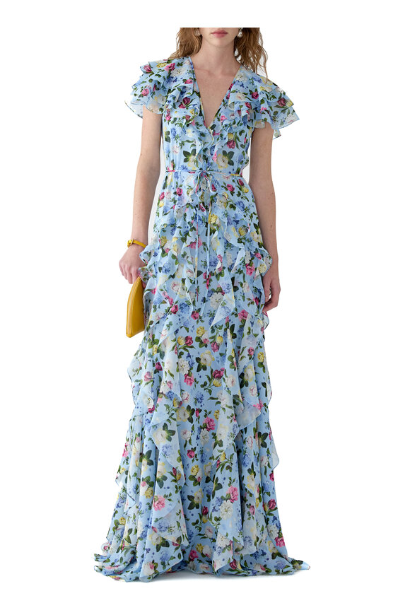 Carolina Herrera Cloud Blue Multi Floral Print Ruffled Chiffon Gown - view 2