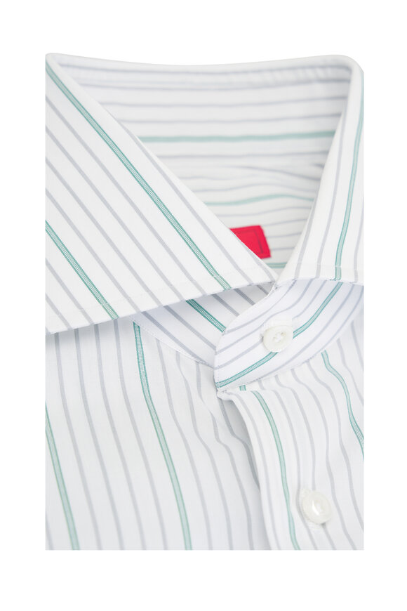 Isaia - Green & White Stripe Cotton Dress Shirt