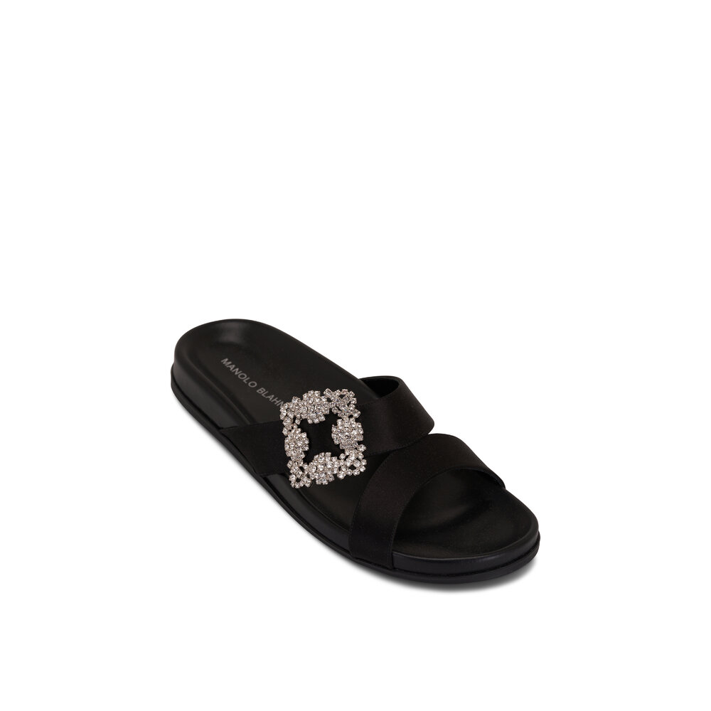 関税送料無料【Manolo Blahnik】Chilanghi Sandals CHILANGHI | Black Satin Jewel Buckle Flat Mules | Manolo Blahnik