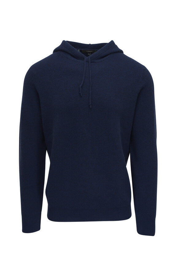 Kinross Navy Blue Cashmere Ribbed Hoodie