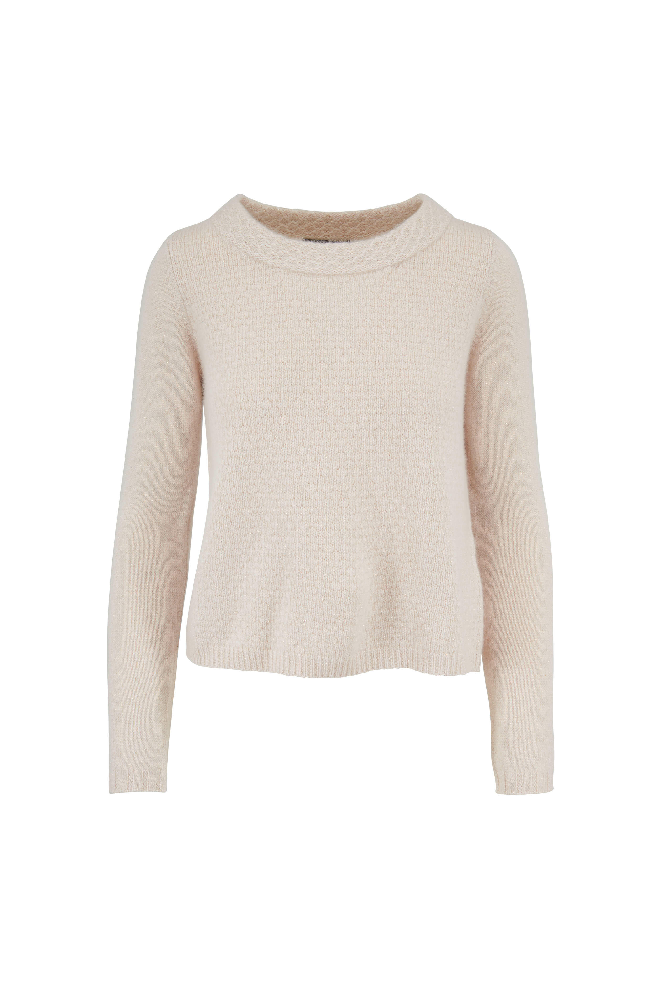 Raffi - White Lurex Cashmere Textured Crewneck Sweater