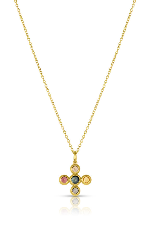 Leigh Maxwell 18k Yellow Gold Mixed Sapphire Cross Necklace - view 3