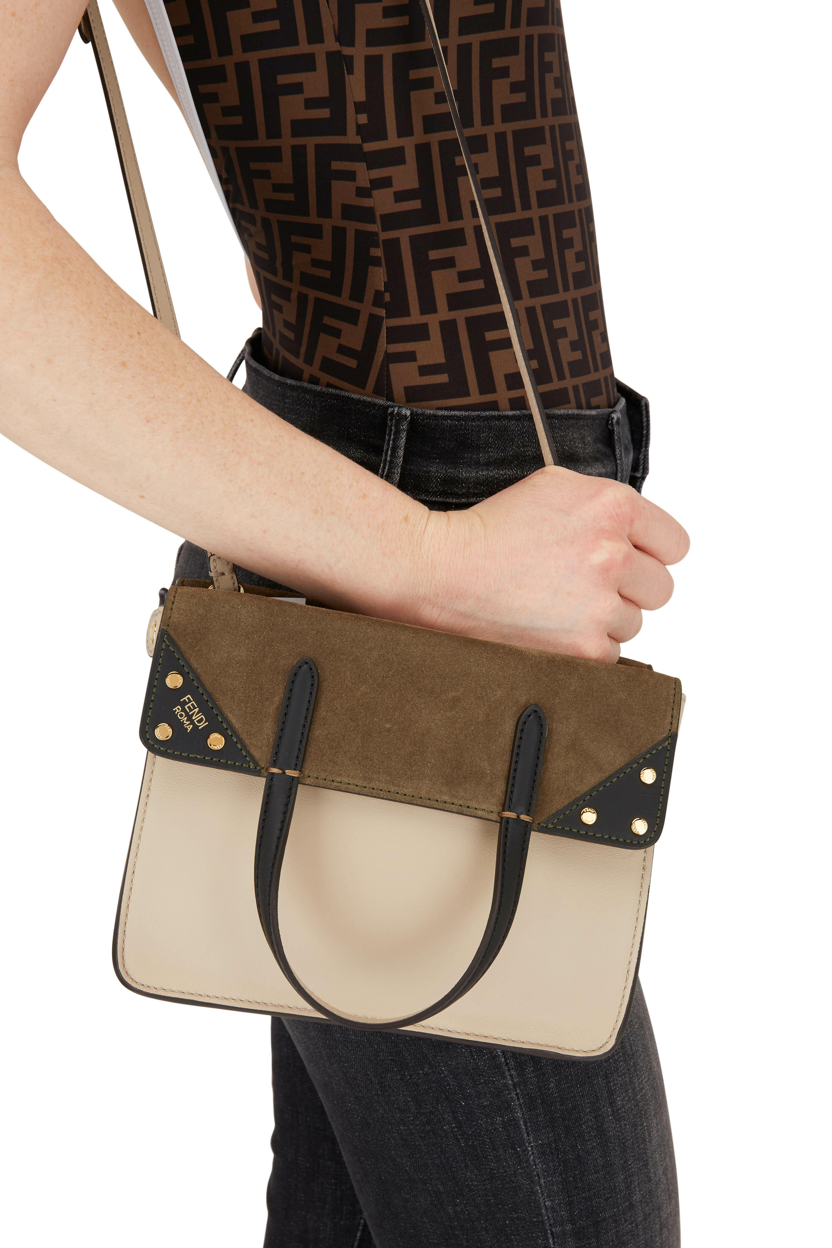 Fendi Flip Olive Suede Tan Leather Mini Bag Mitchell Stores