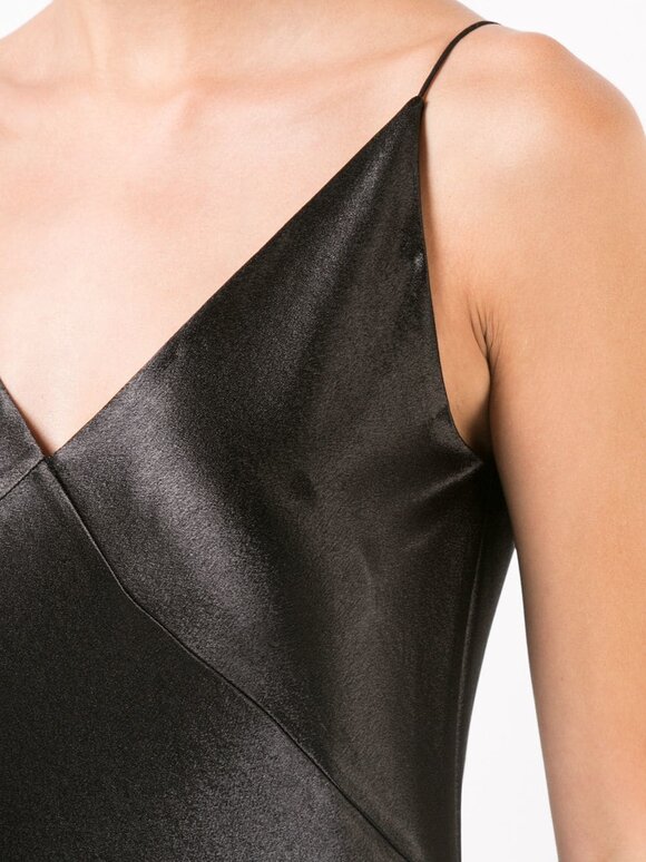 Vince - Metallic Black Satin V-Neck Midi Slip Dress