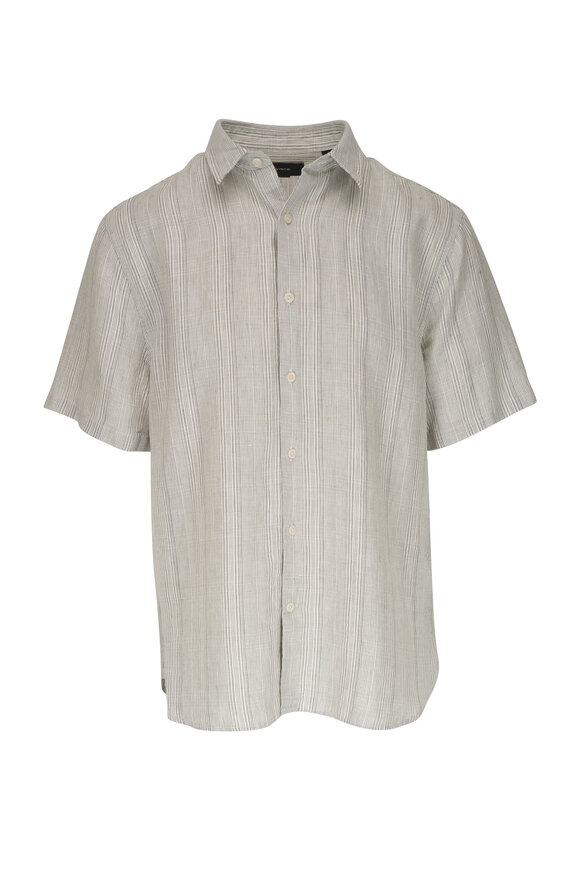 Vince Off White & Green Striped Short-Sleeve Button Down