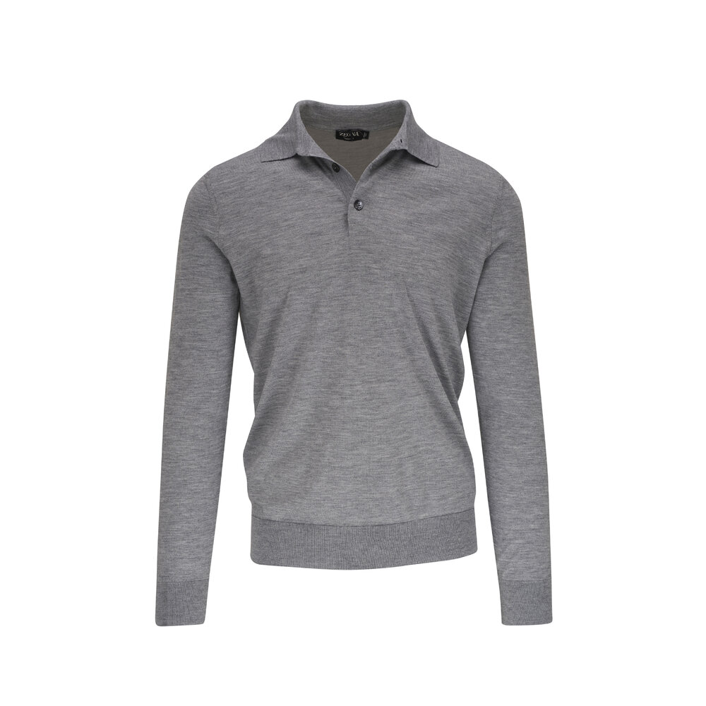 Zegna - Gray Cashmere & Silk Long Sleeve Polo | Mitchell Stores