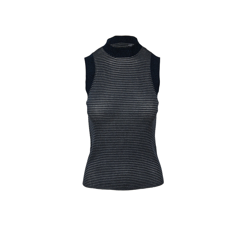 ★MEENDERI★MIXED STRIPE RIBBED SLEEVELESS - NAVY★正規品 Rag & Bone - Raina Denim Blue Lurex Striped Sleeveless Top