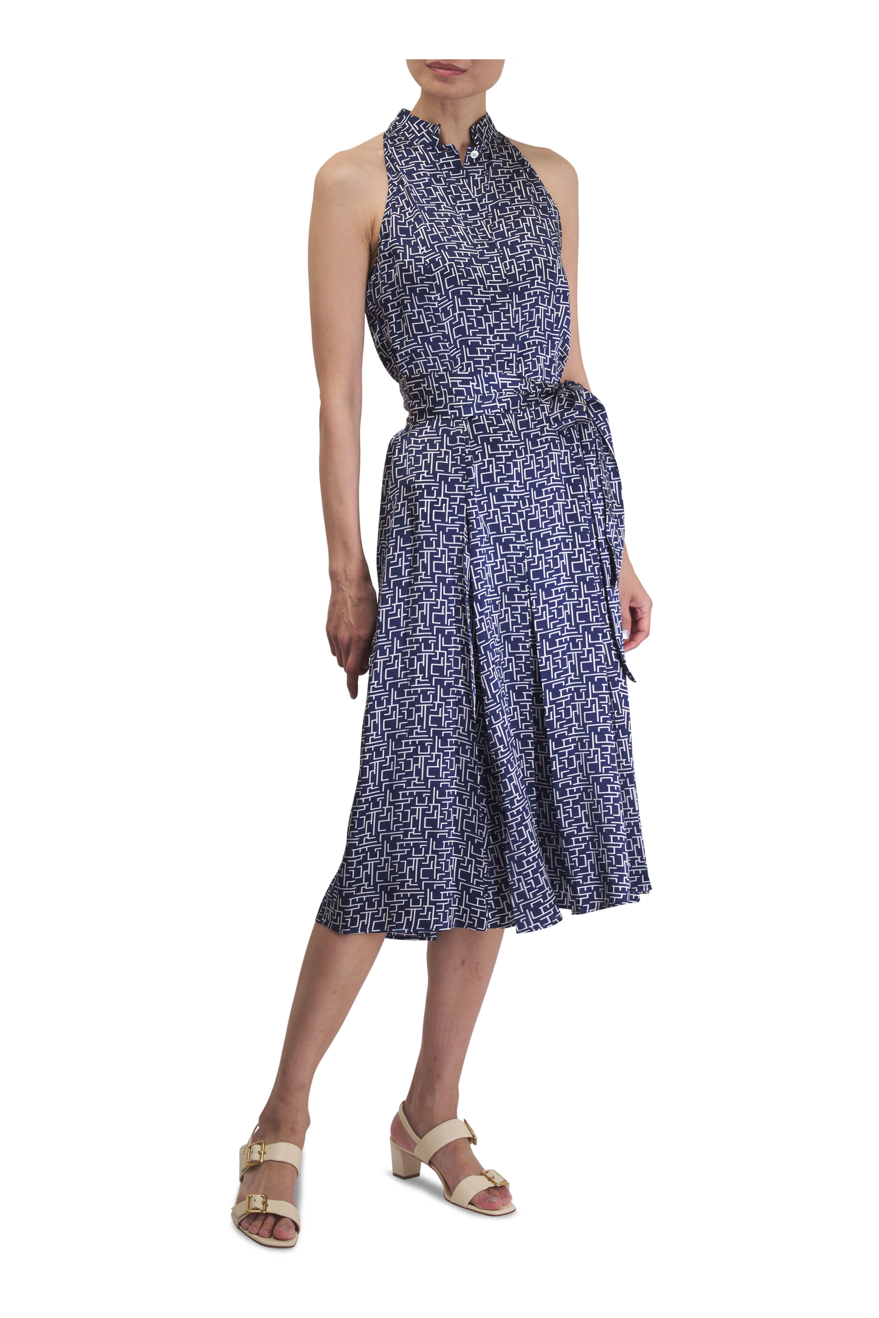 Kiton - Navy & White Geometric Print Silk Dress