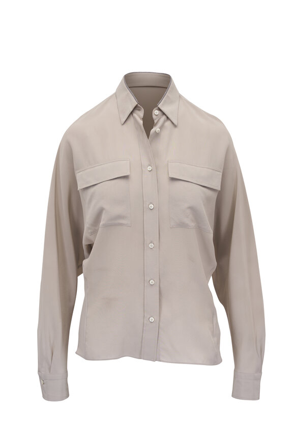 Brunello Cucinelli Cool Beige Crepe De Chine Button Down Blouse - view 7