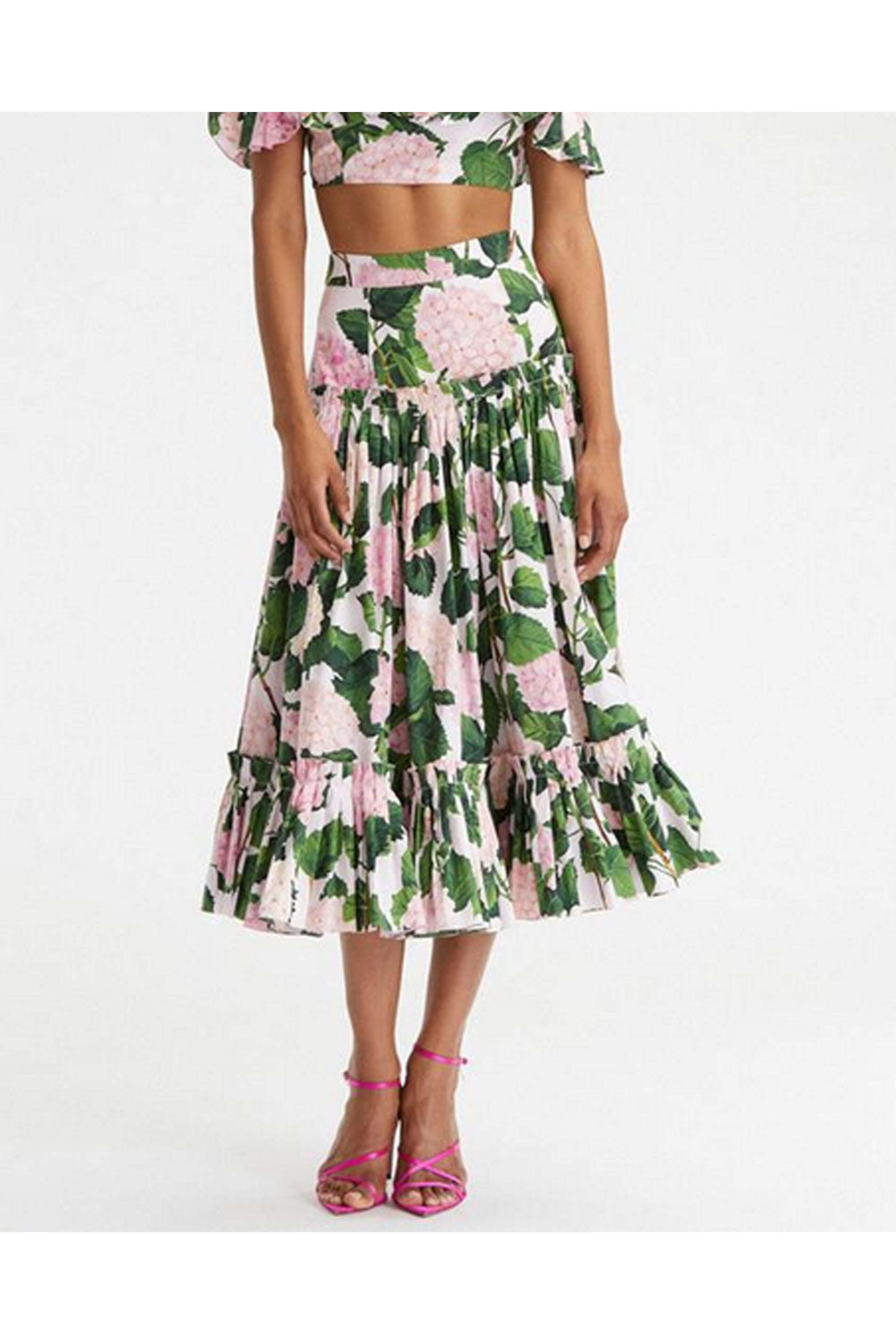 Oscar de la Renta - Pink Hydrangea Ruffle Midi Skirt