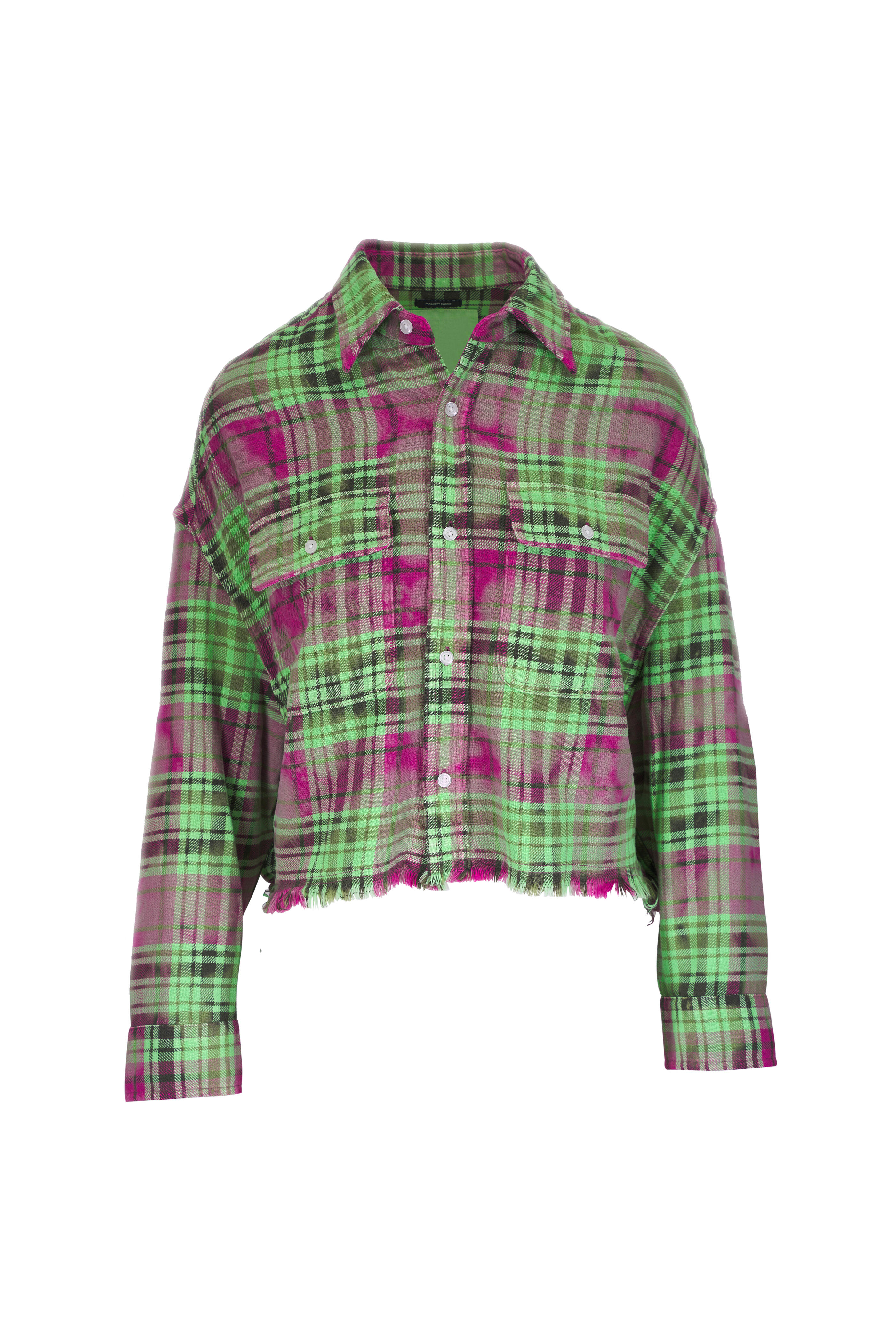 R13 - Pink Overdyed Green Plaid Cropped Work Shirt
