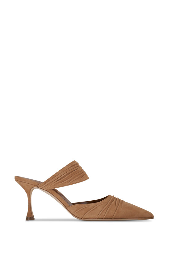 Manolo Blahnik - Circeamu Brown Gathered Suede Mule, 70mm