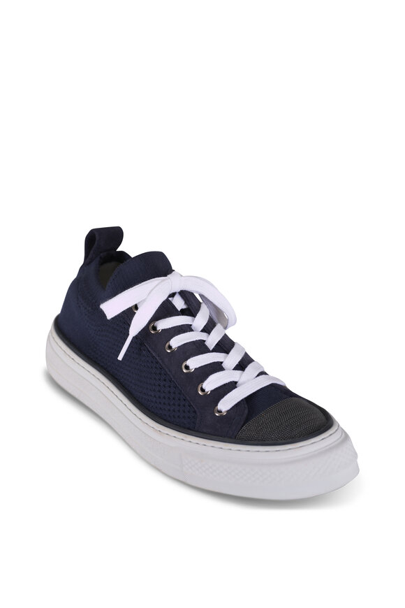 Brunello Cucinelli Navy Blue Knit & Suede Monili Toe Sneaker