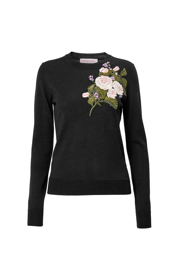 Carolina Herrera Black Rose Merino Wool Embroidered Sweater - view 1