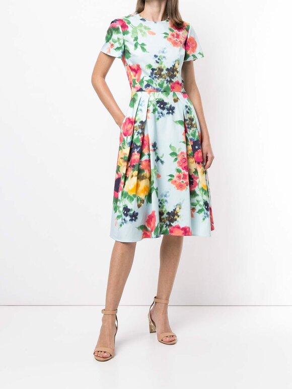 Carolina Herrera - Light Blue Floral Print Short Sleeve A-Line Dress