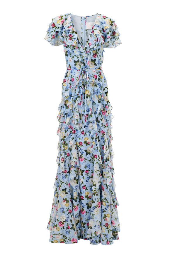 Carolina Herrera Cloud Blue Multi Floral Print Ruffled Chiffon Gown - view 6