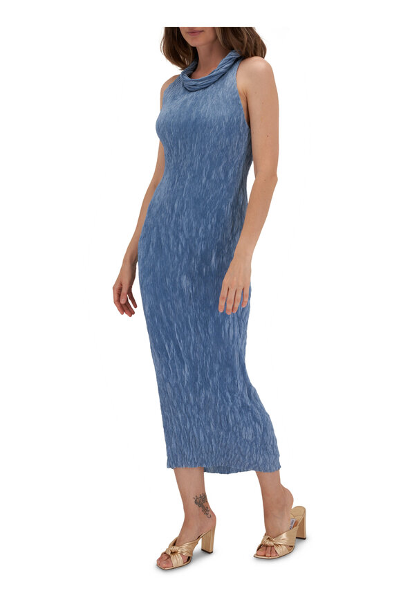 Lela Rose - Cerulean Twisted Cowl Neck Plissé Midi Dress