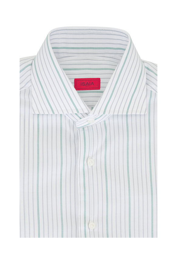 Isaia Green & White Stripe Cotton Dress Shirt