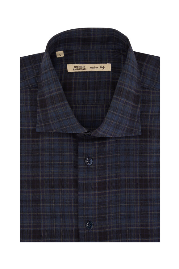 Maurizio Baldassari Navy Blue Plaid Flannel Sport Shirt