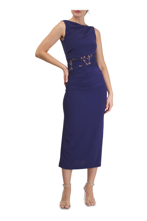 Talbot Runhof Navy Lace Fitted Pencil Cocktail Dress - view 2