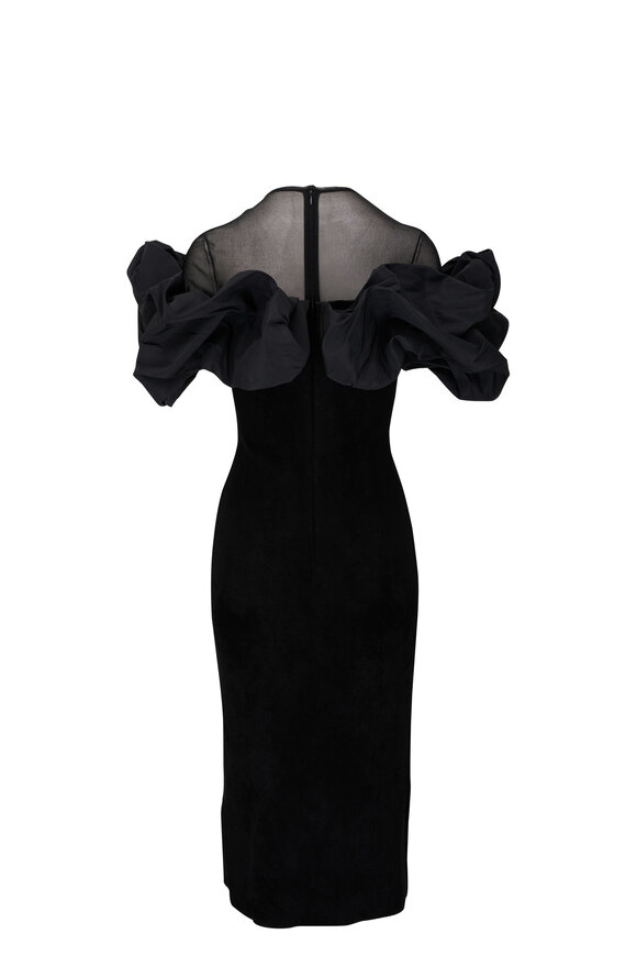 McQueen - Black Velvet & Mesh Ruffle Midi Dress 