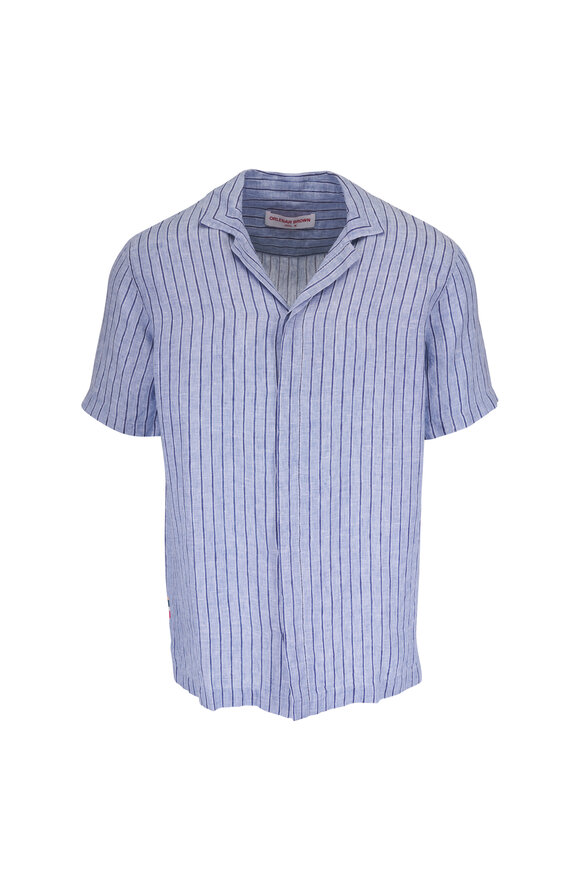 Orlebar Brown Blue Bergamo Stripe Linen Shirt