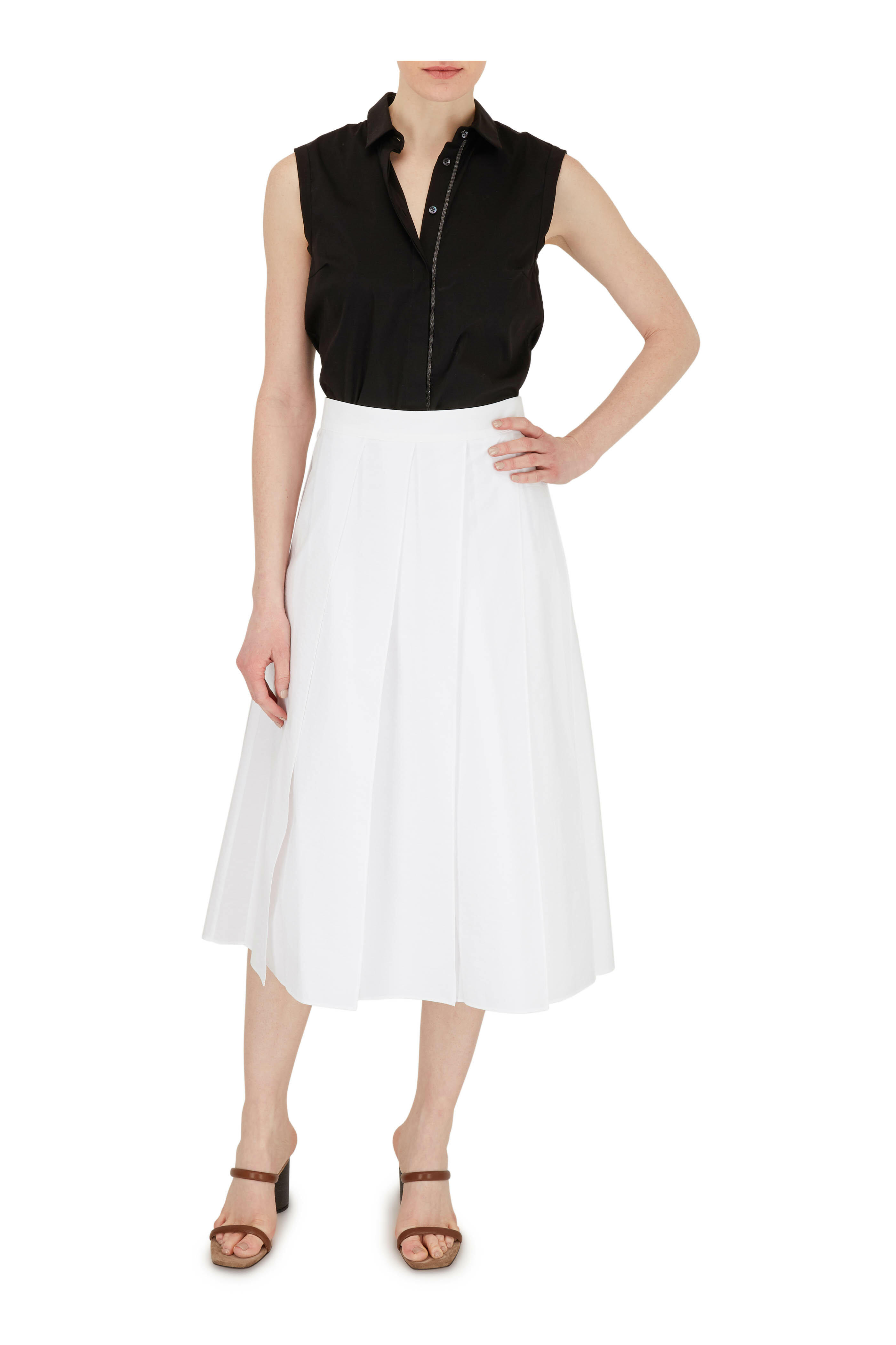 Brunello Cucinelli - White Cotton Paneled Pleated Midi Skirt