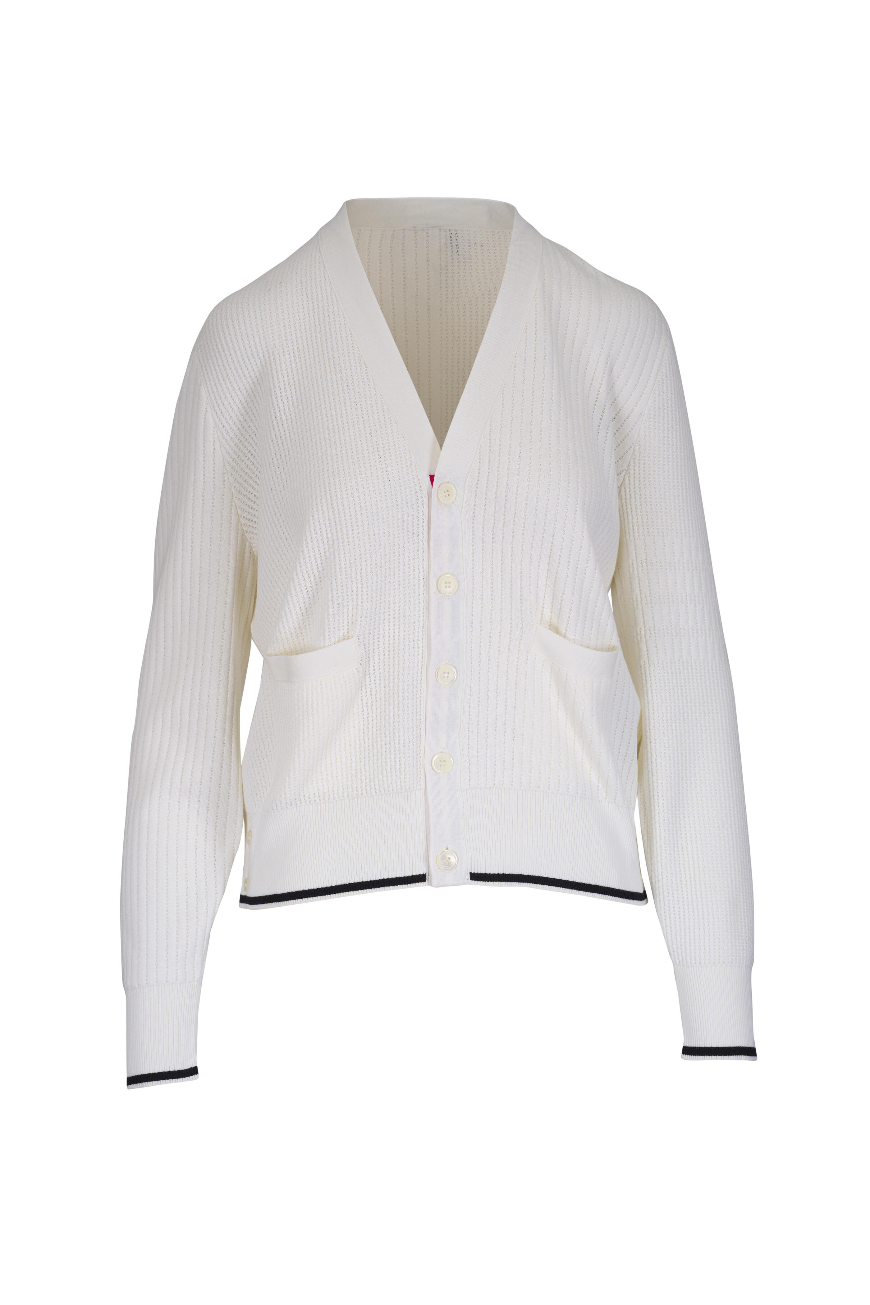 【送料&関税込】Thom Browne White Cotton Cardigan Thom Browne - White V-Neck Cotton Cardigan | Mitchell Stores