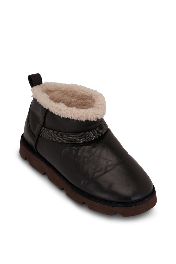 Brunello Cucinelli Black Leather Short Shearling Ankle Boot 