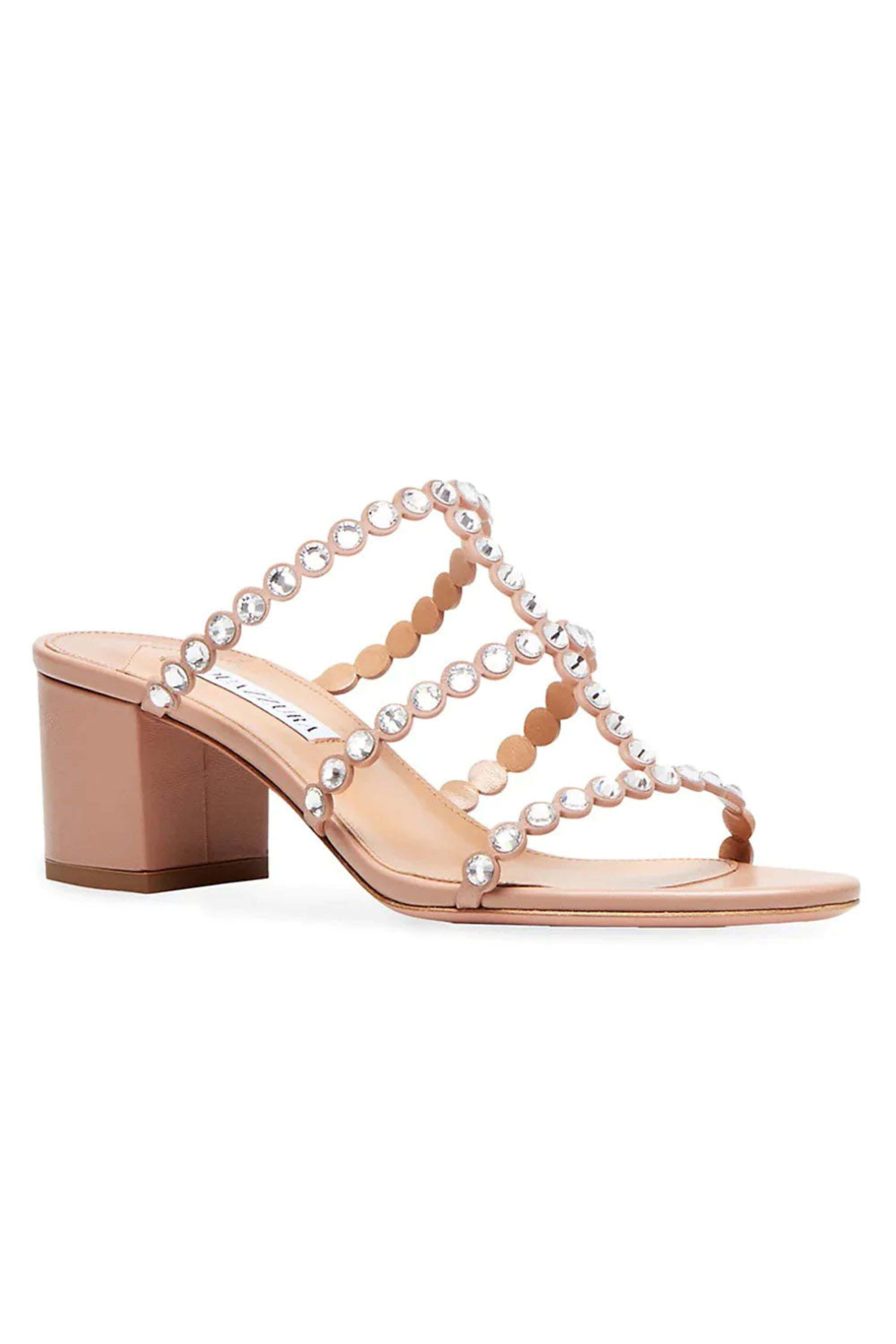 Aquazzura - Tequila Embellished Leather Mules in Powder Pink