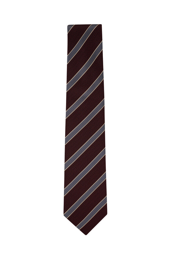 Isaia - Burgundy & Silver Striped Silk Necktie