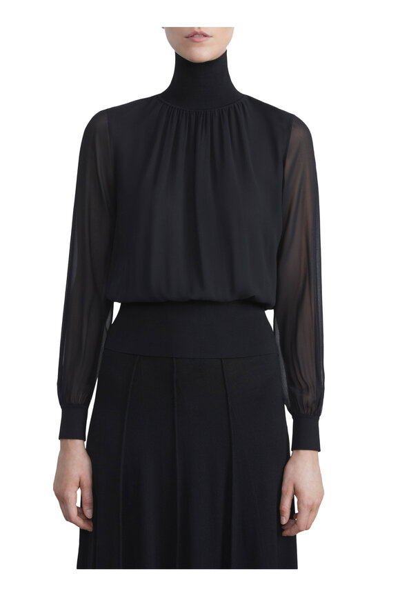 Lafayette 148 New York - Black Silk Georgette Turtleneck Blouse