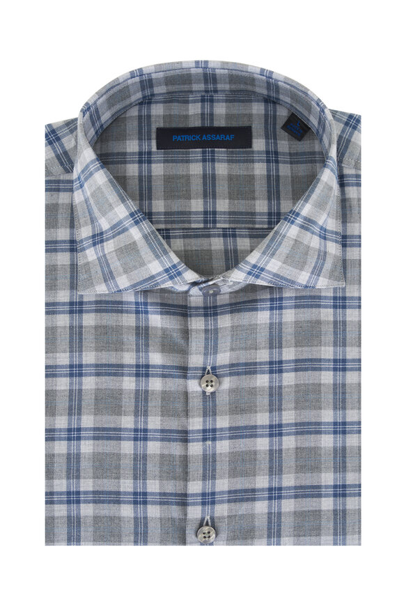 Patrick Assaraf Gray & Blue Plaid Cotton Sport Shirt