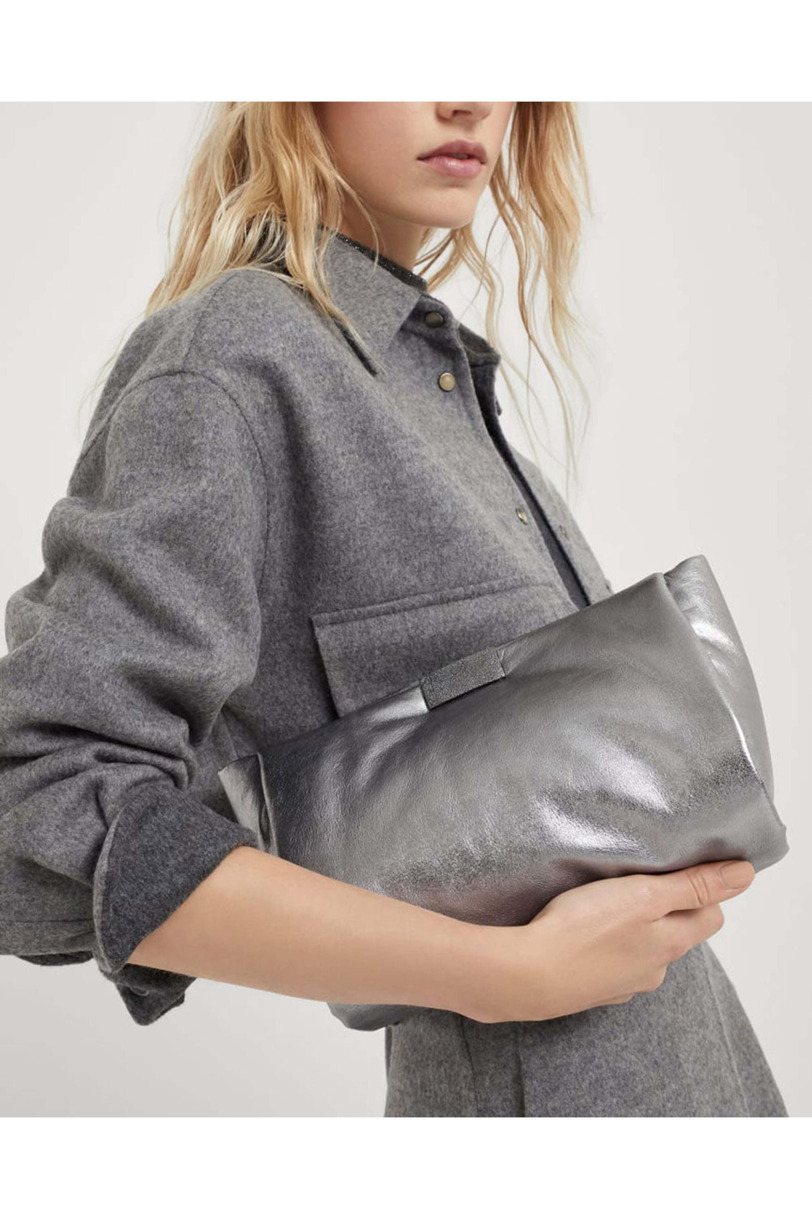Brunello Cucinelli - Metallic Leather Clutch in Sterling Silver