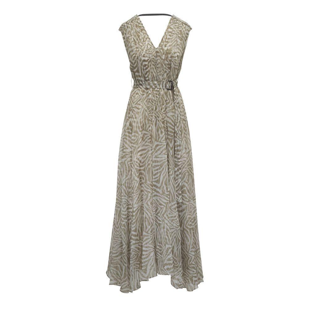 Brunello Cucinelli - British Khaki Organza Leaf Print Dress