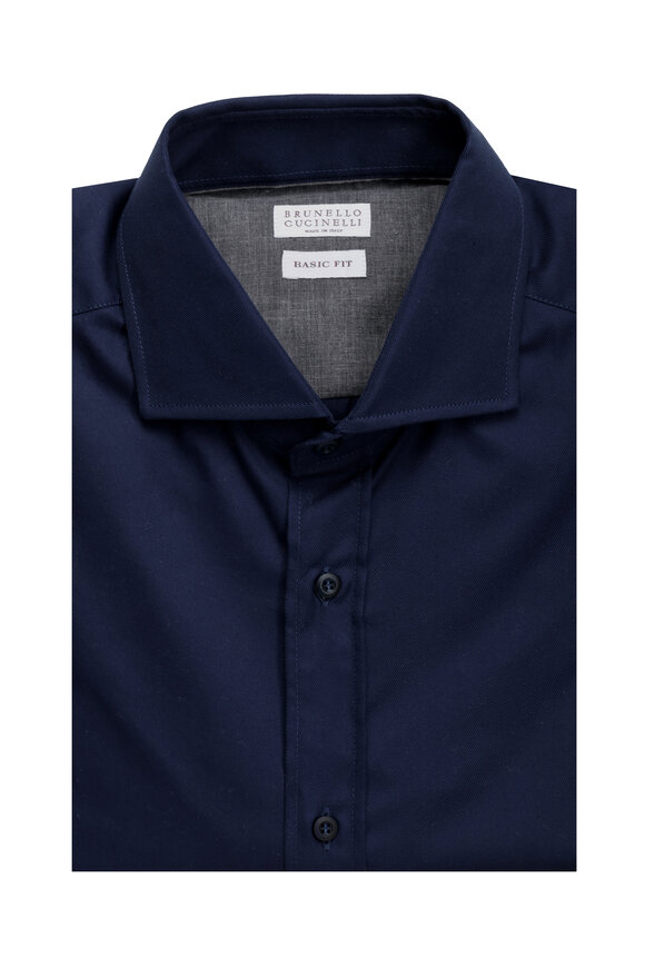 Brunello Cucinelli Navy Blue Cotton Twill Sport Shirt