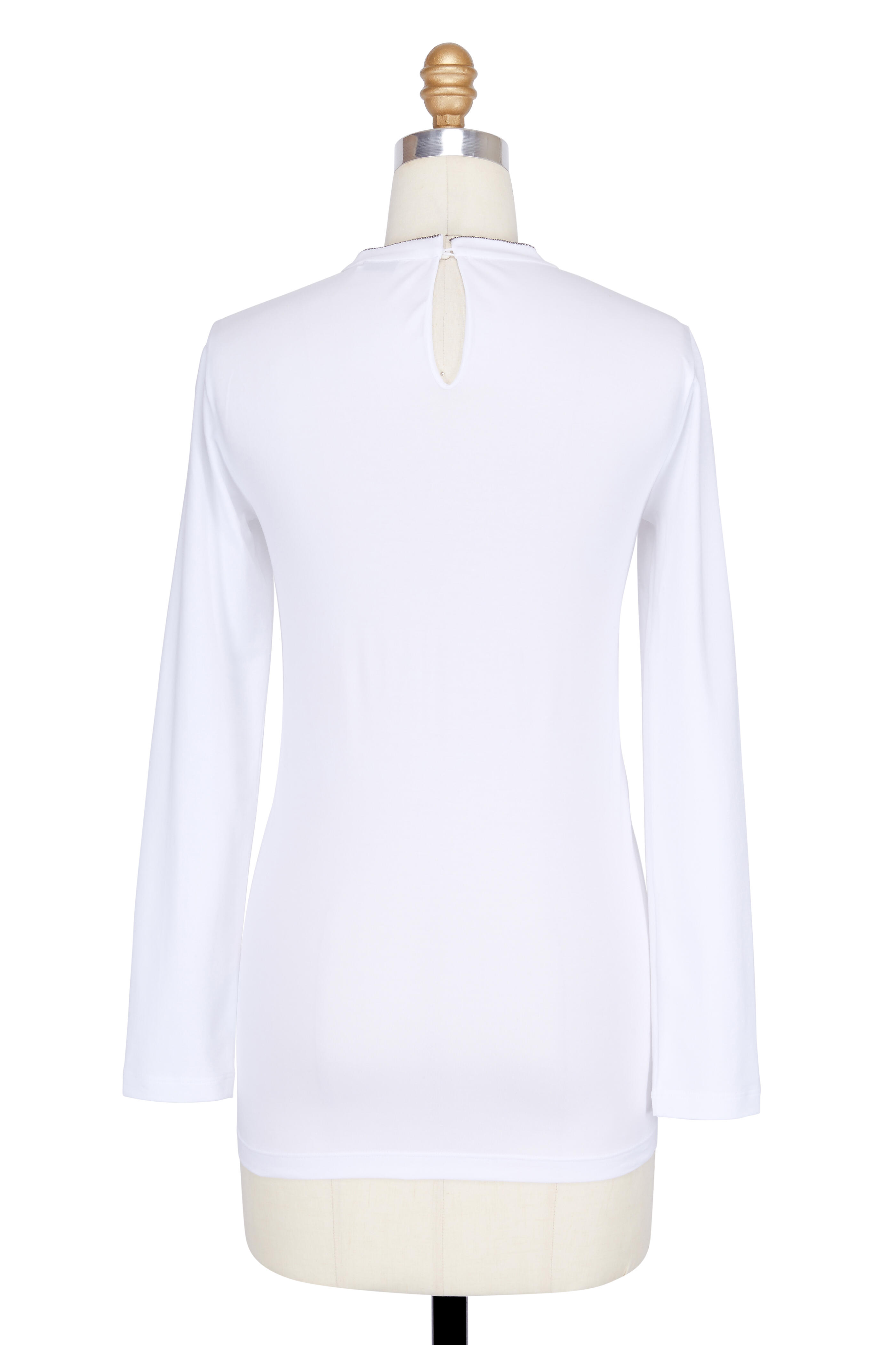 Brunello Cucinelli - White Cotton Monilli Trim Long Sleeve T