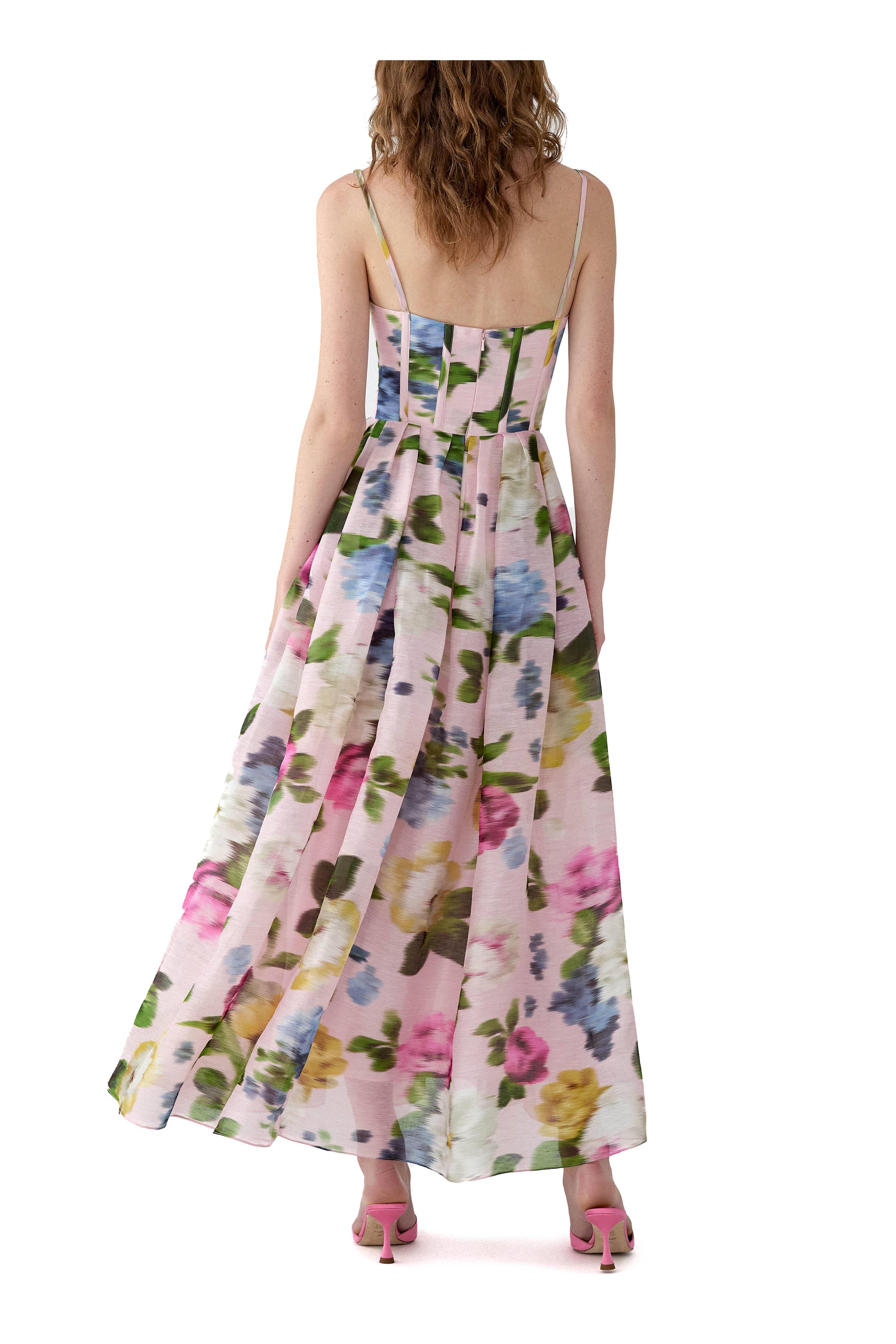 Carolina Herrera - Blush Floral Print Linen & Silk Midi Dress