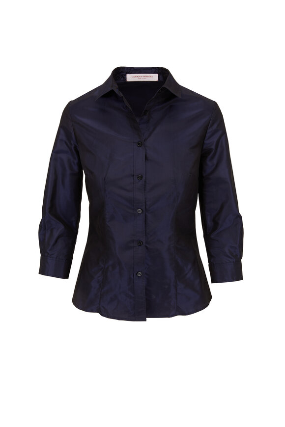 Carolina Herrera Midnight Silk Taffeta Collared Shirt