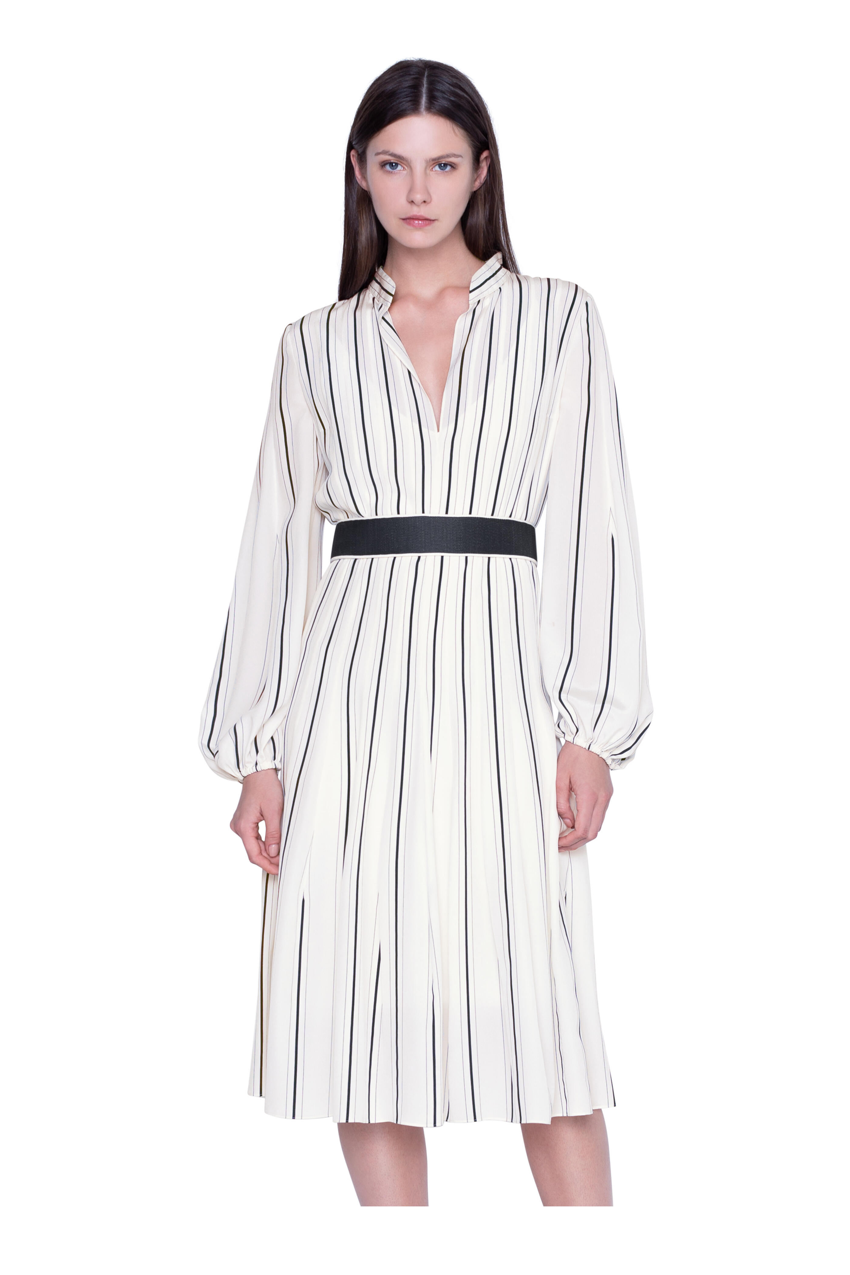 Akris - Cream & Navy Blue Striped Silk Long Sleeve Dress