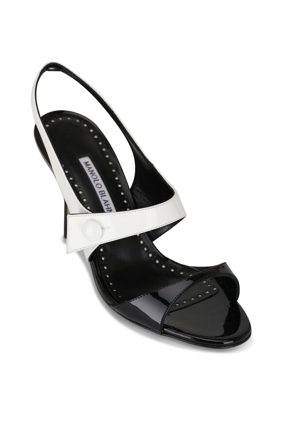 Manolo Blahnik Climnetra Black & White Patent Sandal, 90mm