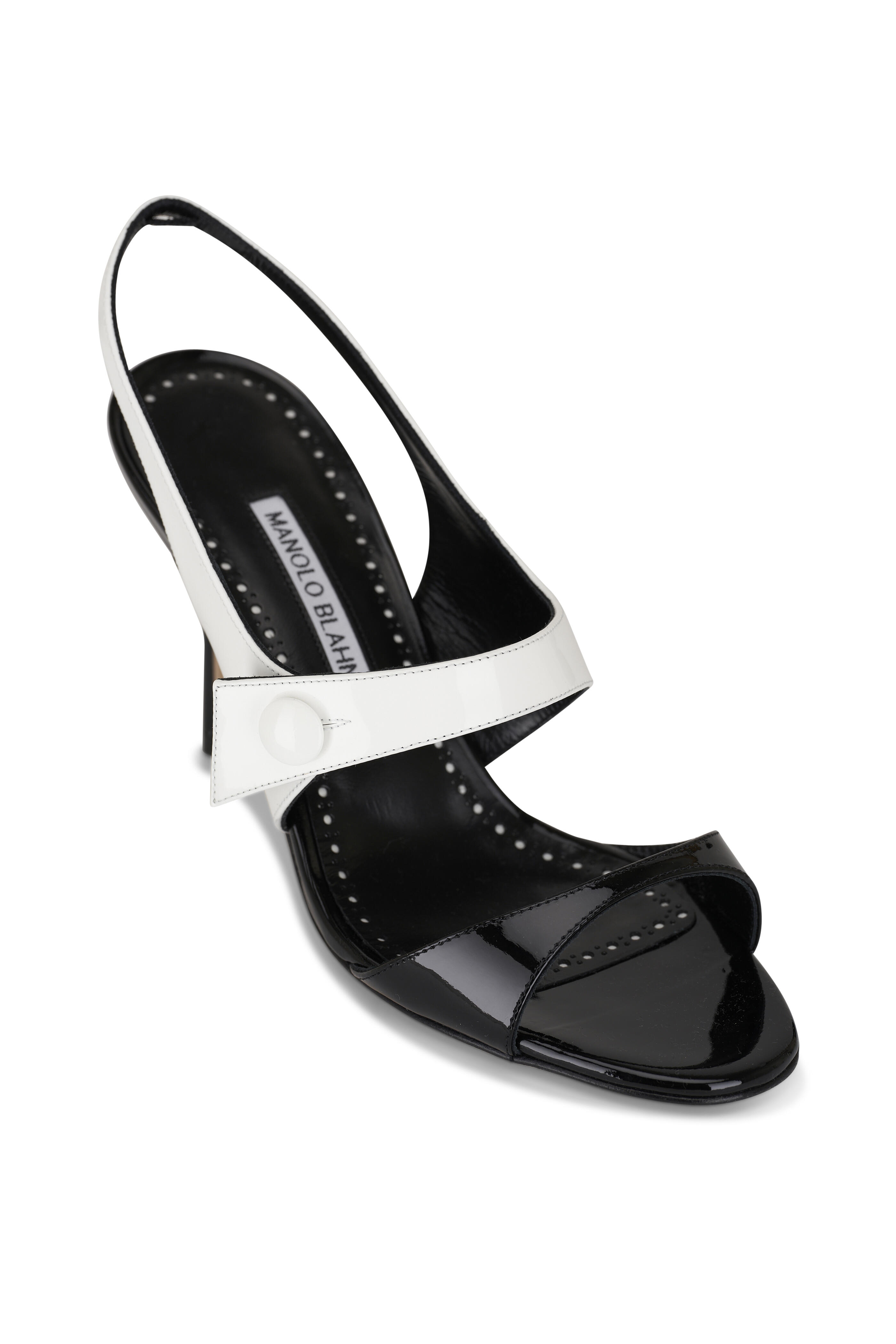 Manolo Blahnik - Climnetra Black & White Patent Sandal, 90mm