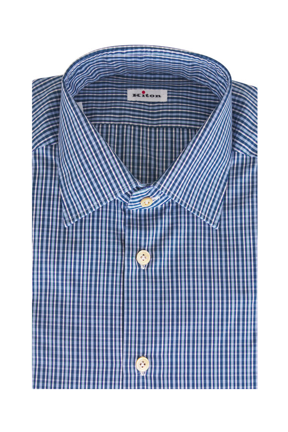 Kiton Teal Check Cotton Dress Shirt - view 1